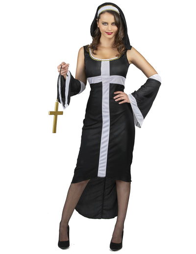 Déguisement nonne sexy croix blanche pour femme noir et blanc avec voile