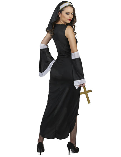 Vue de dos du déguisement de nonne sexy croix blanche pour femme