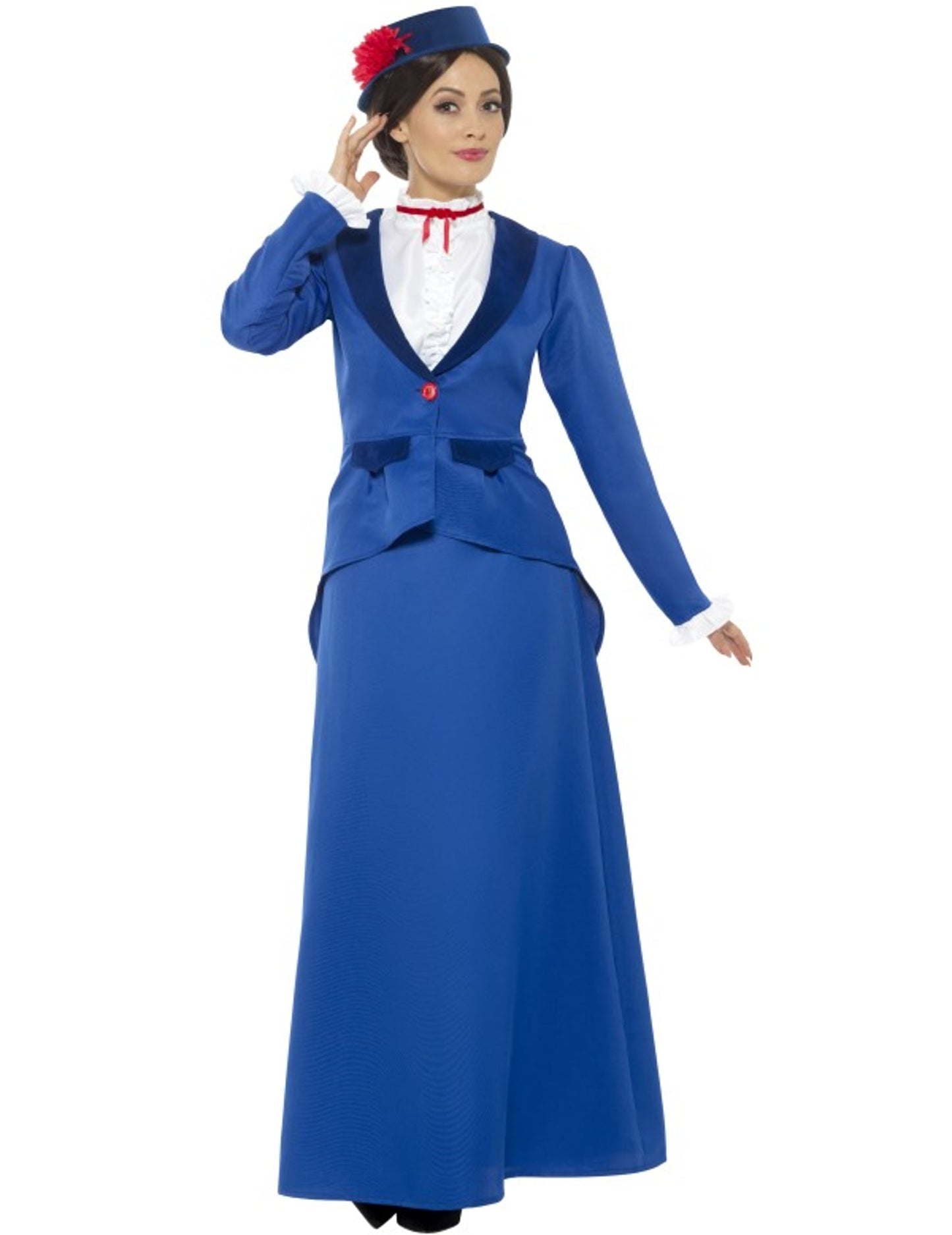 Déguisement de nounou victorienne pour femme bleu avec veste et chapeau à fleur rouge