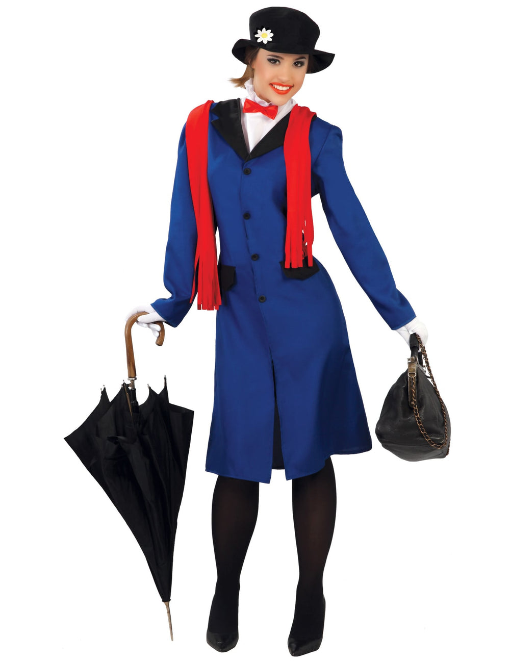 Déguisement nurse anglaise pour femme bleu et rouge avec chapeau et écharpe