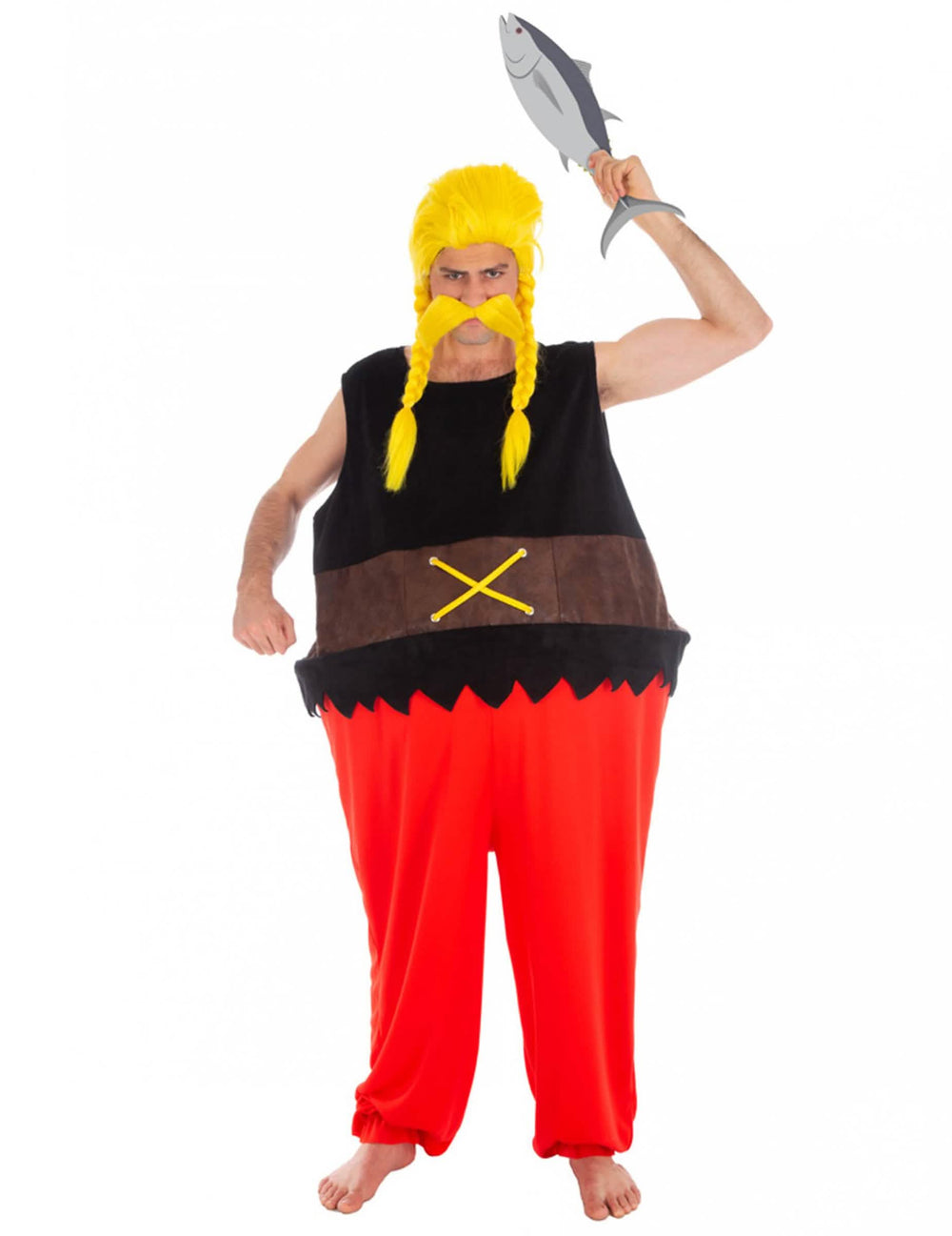 Kostým Ordralfabetix Asterix a Obelix™ pre dospelého čierna a červená s blond parochňou a rybou