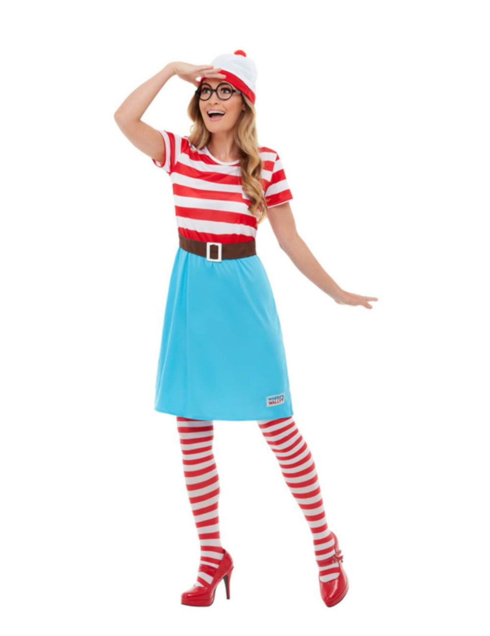 Kostým Where's Wally luxus pre ženu červená a biela s modrou sukňou, čiapkou a okuliarmi