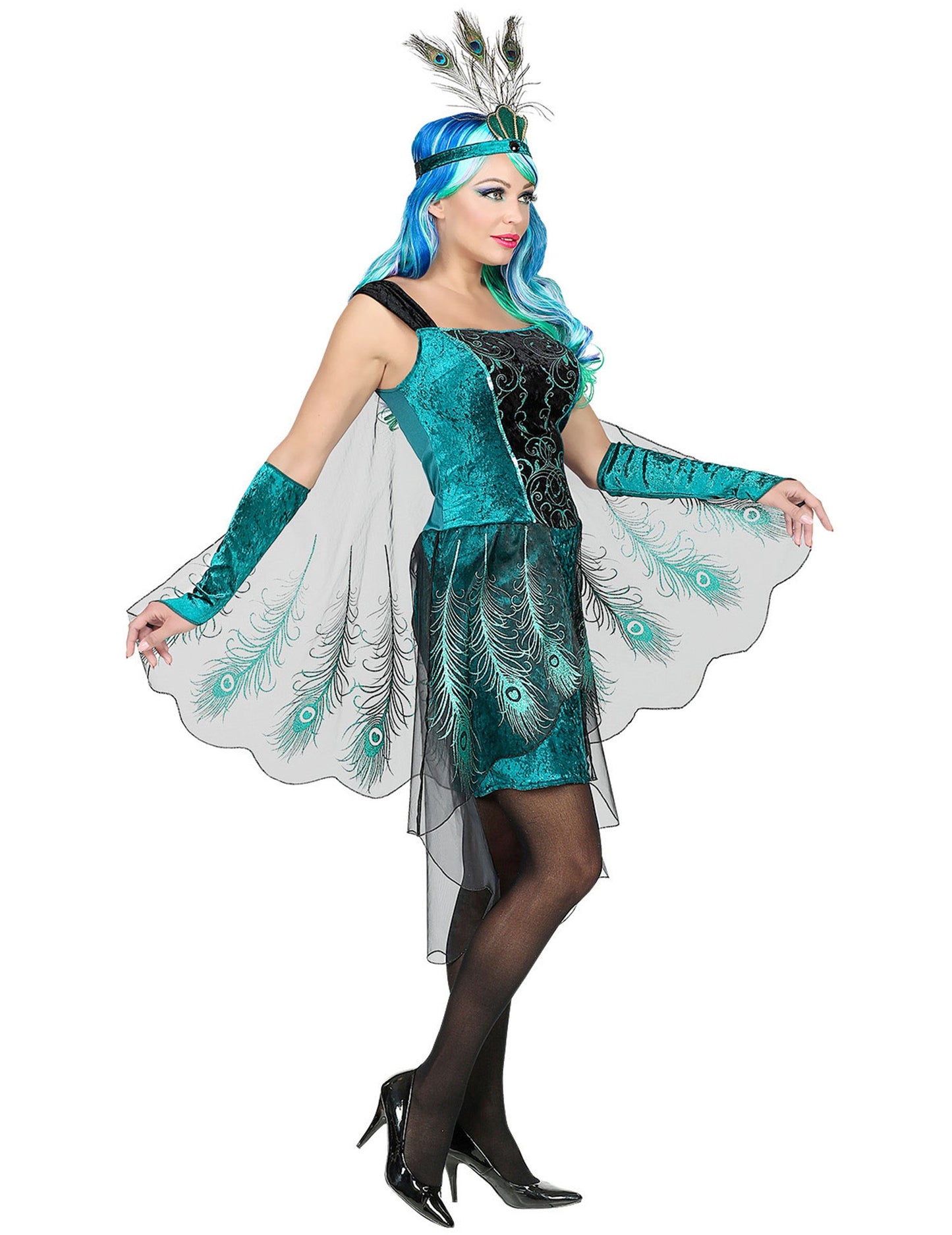 Vue de profil du déguisement paon majestueux pour femme