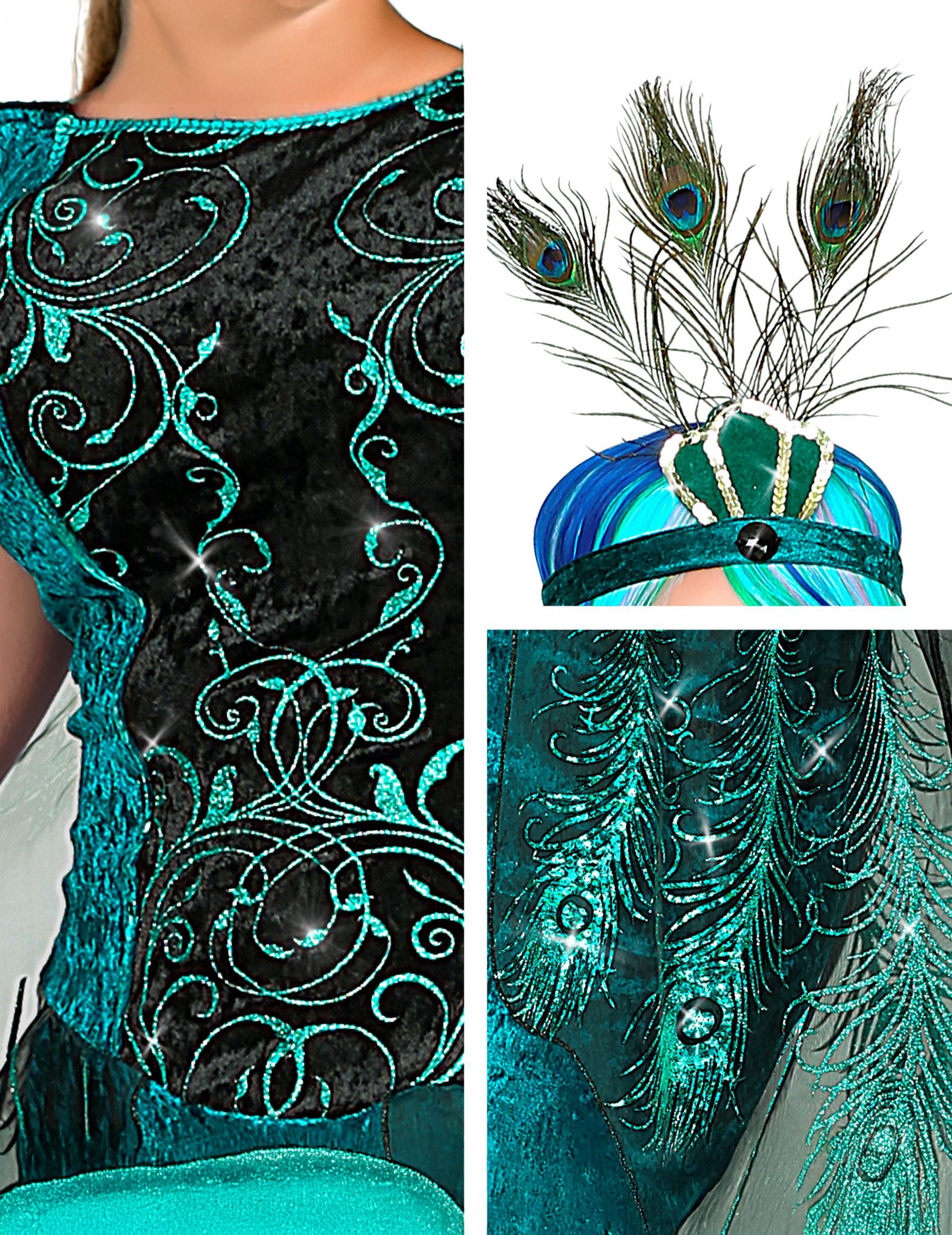 Détails des motifs à paillettes et de la coiffe à plumes du déguisement paon majestueux pour femme