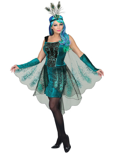 Déguisement paon majestueux pour femme vert et bleu avec plumes