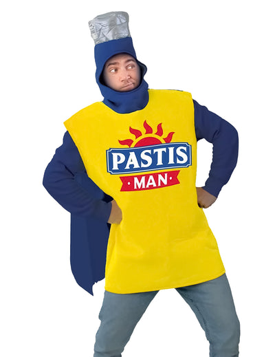 Déguisement pastis man pour homme jaune et bleu avec cape et bouchon argenté