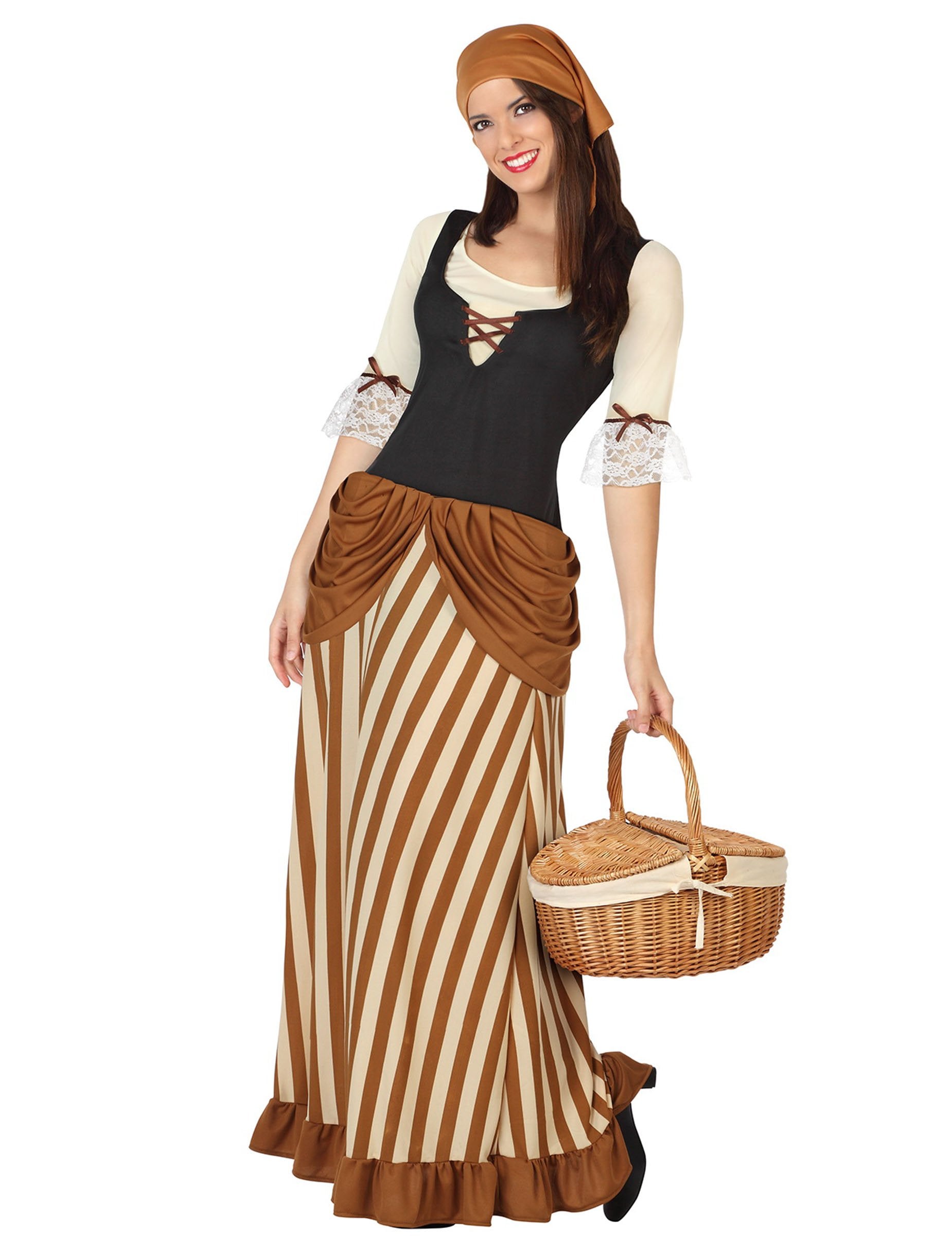 Kostým dedinčanky pre ženy hnedý a béžový pruhovaný s šatkou