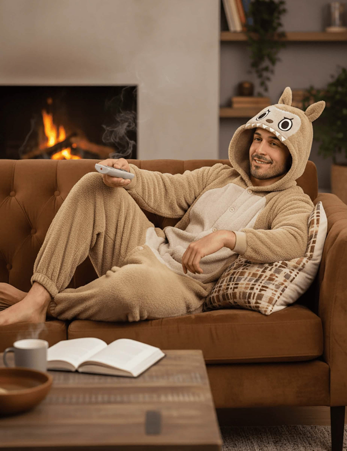Mise en situation du déguisement peluche monstre pour homme