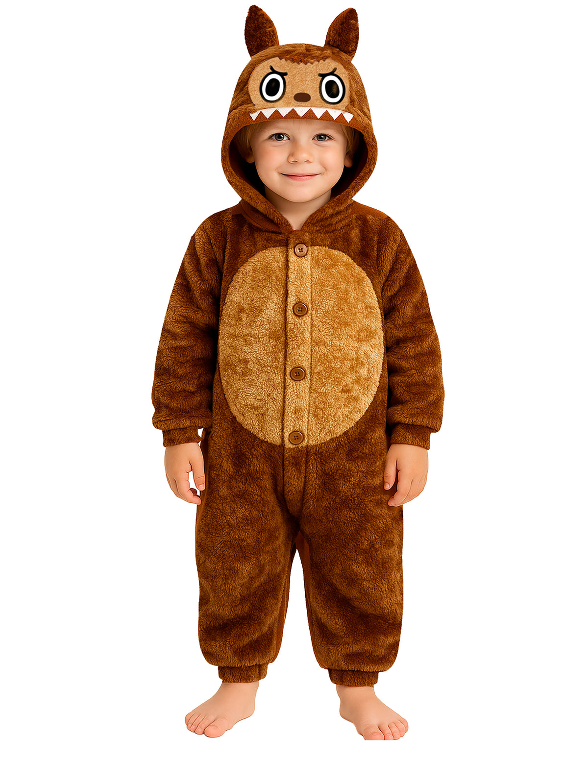 Déguisement peluche monstre pour enfant marron avec capuche à oreilles et dents