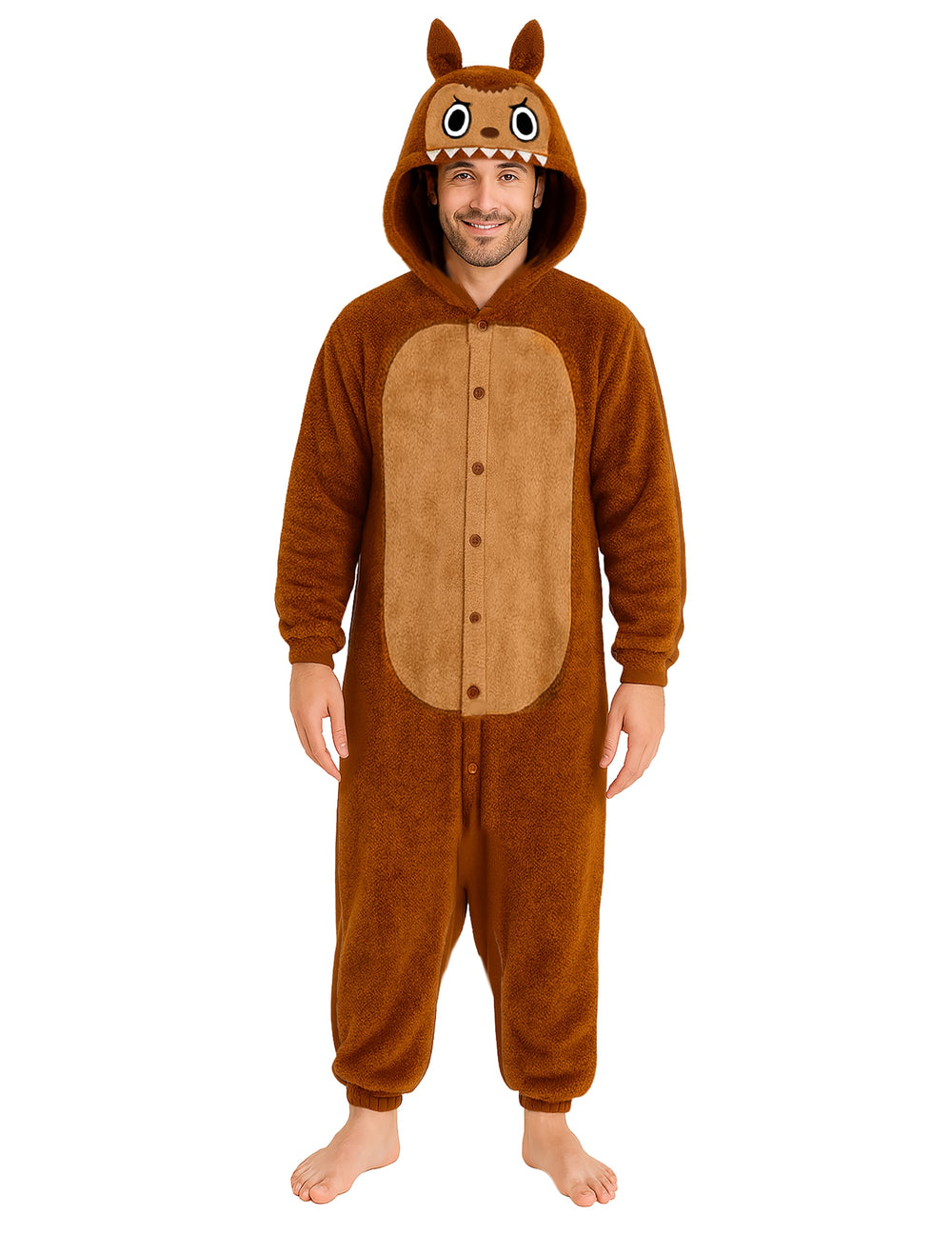 Déguisement peluche monstre pour homme marron avec capuche à oreilles et dents