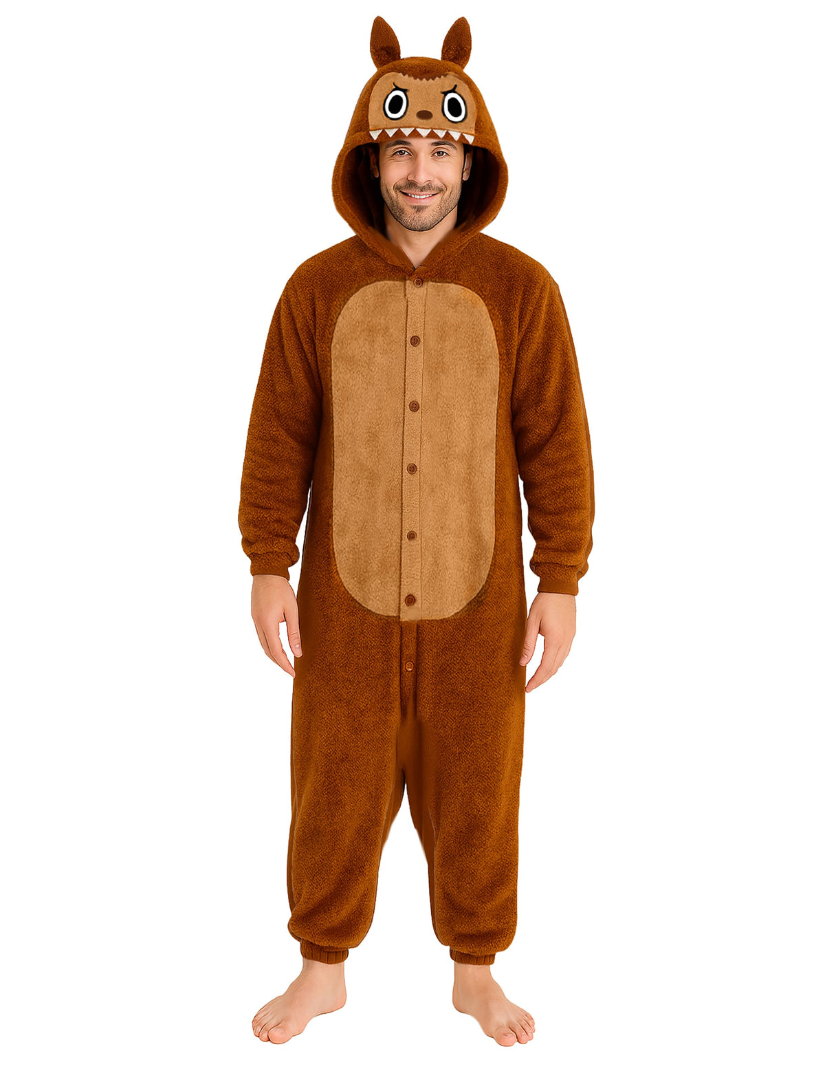 Déguisement peluche monstre pour homme marron avec capuche à oreilles et dents