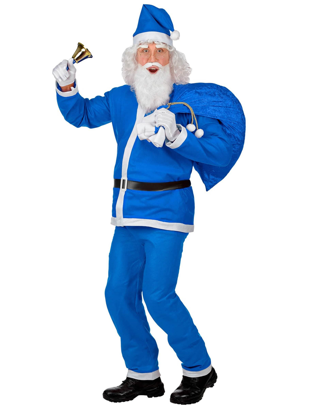 Pohľad spredu na modrý kostým santa claus pre muža