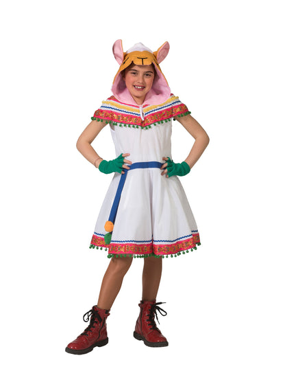 Déguisement de péruvienne pour enfant blanc avec motifs multicolores et capuche lama