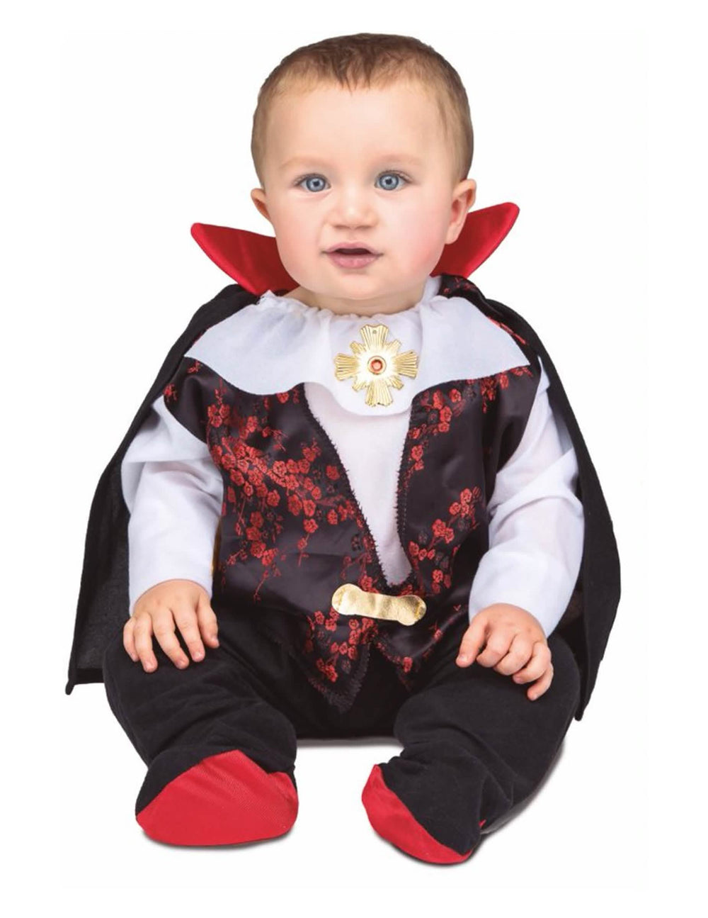 Kostým malý Dracula pre bábätko čierna a červená s plášťom a zlatá medailónom