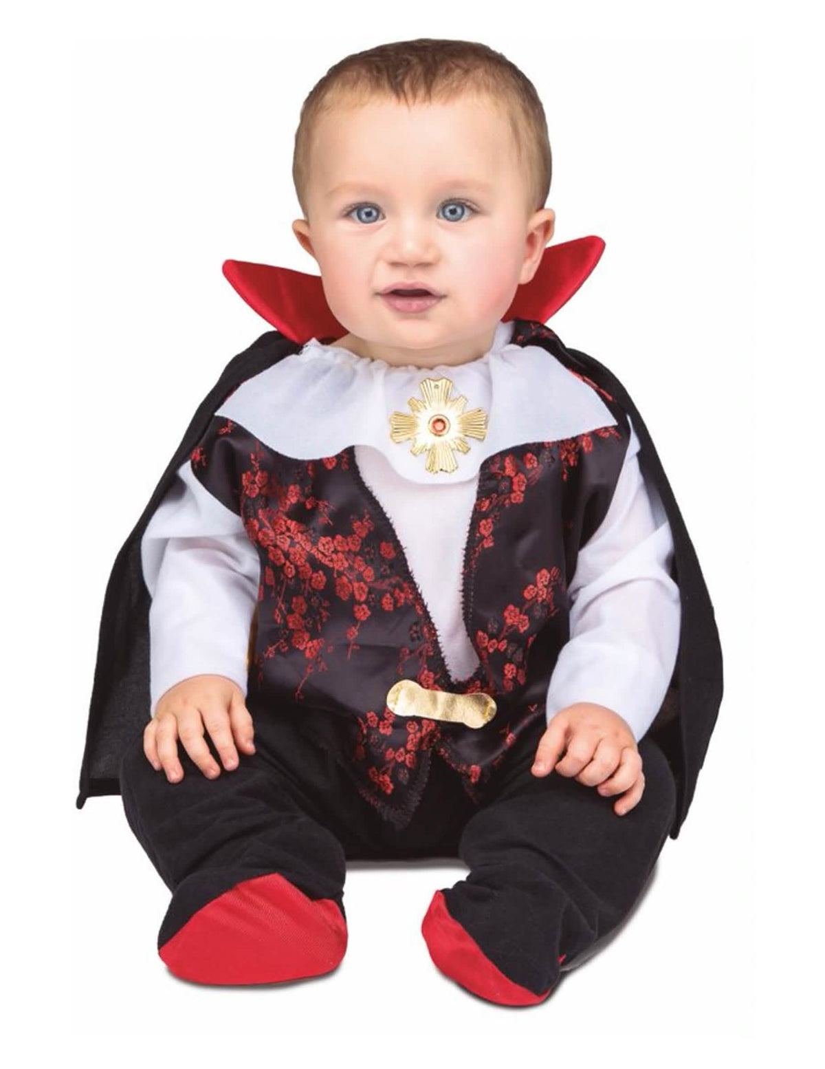 Kostým malý Dracula pre bábätko čierna a červená s plášťom a zlatá medailónom