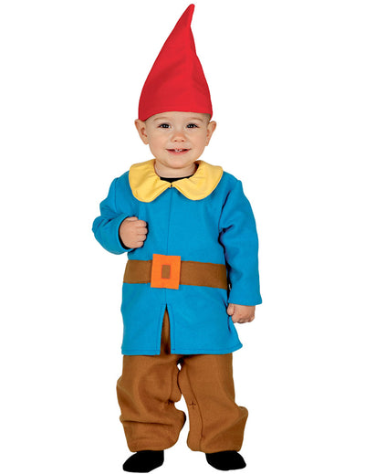 Déguisement de petit nain pour bébé bleu avec bonnet rouge et pantalon marron