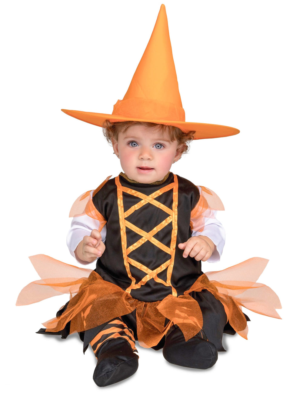 Déguisement de petite sorcière pour bébé orange et noir avec chapeau pointu