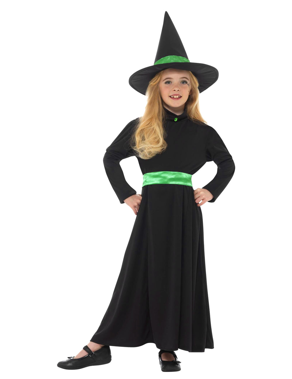 Déguisement petite sorcière pour fille noir et vert avec chapeau