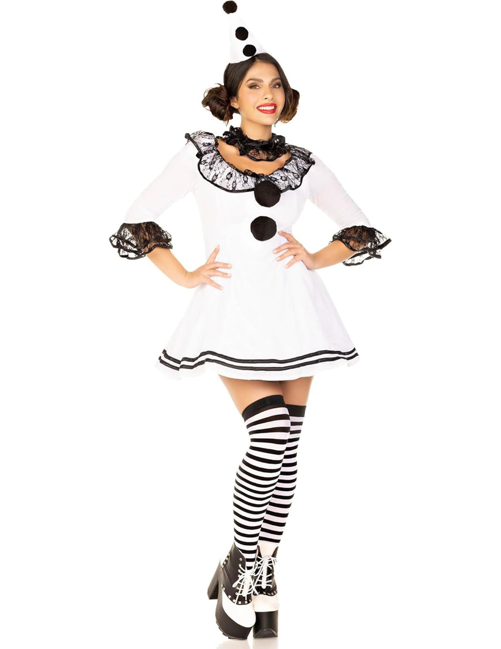 Déguisement de pierrot sexy pour femme blanc et noir avec pompons et dentelle