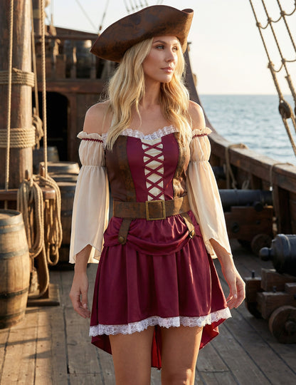 Mise en situation sur un pont de bateau du déguisement de pirate bordeaux sexy pour femme