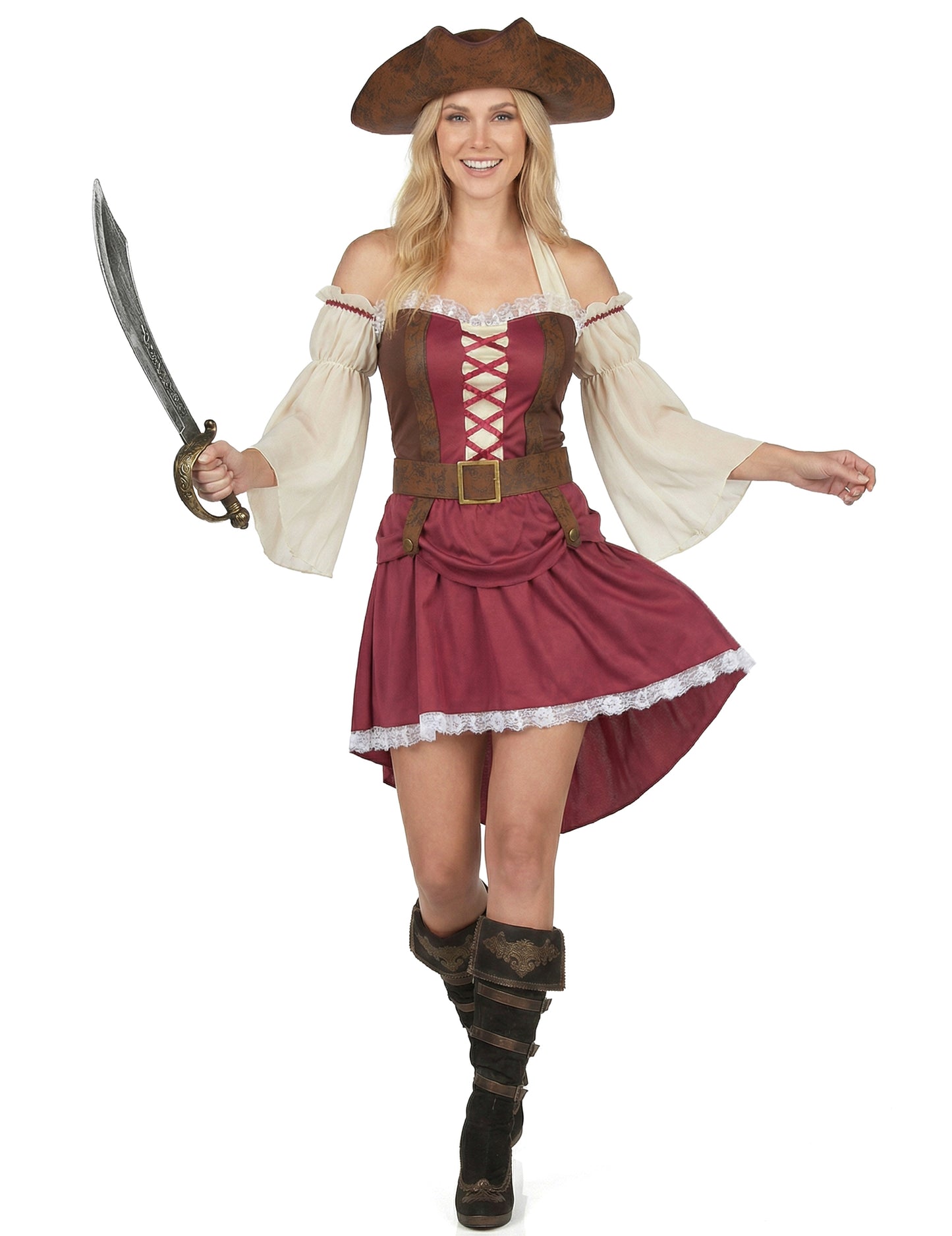 Sabre tenu à la main du déguisement de pirate bordeaux sexy pour femme