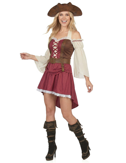 Vue de face du déguisement de pirate bordeaux sexy pour femme
