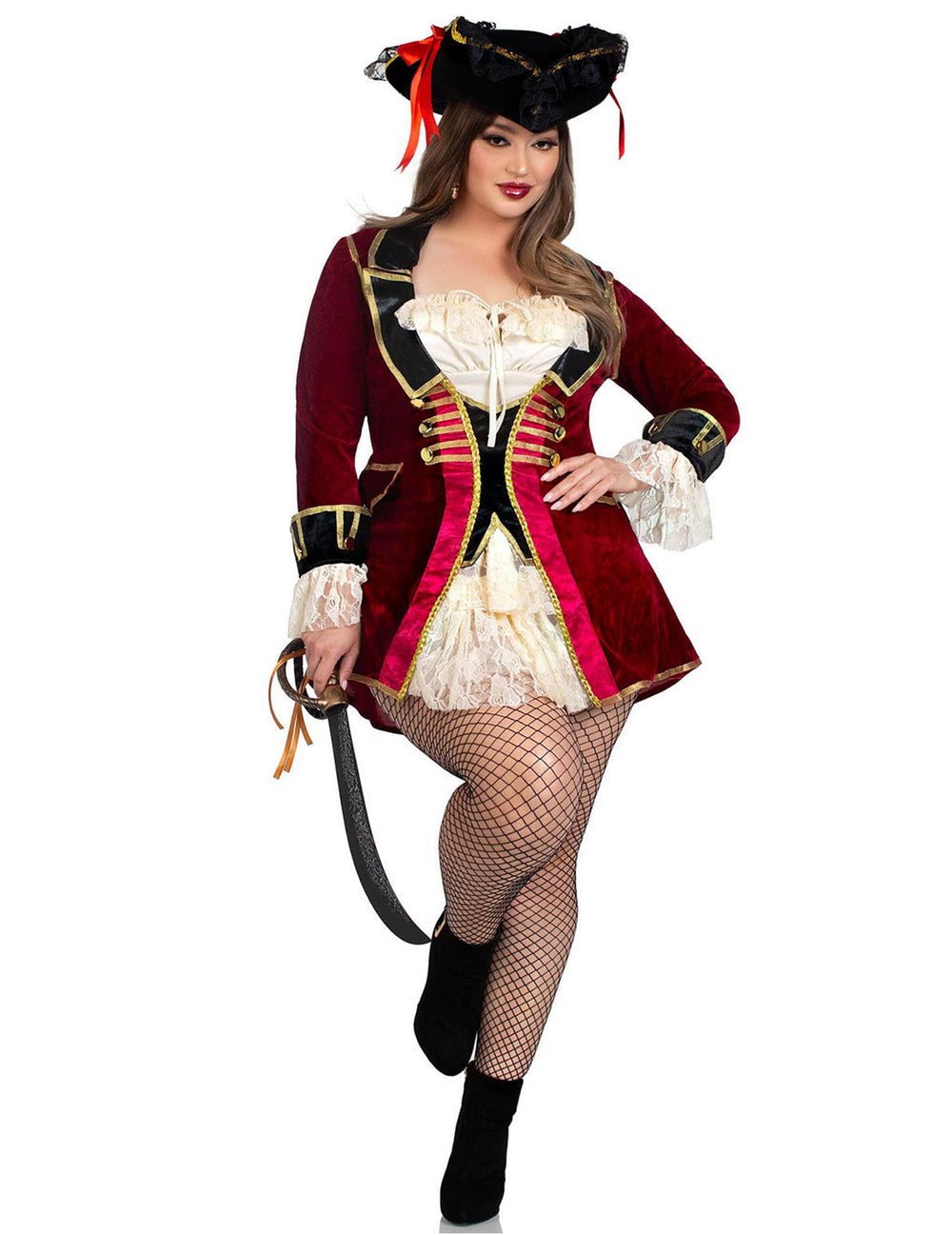 Déguisement pirate sexy pour femme bordeaux avec chapeau et dentelle
