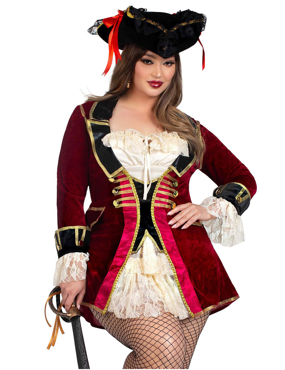 Gros plan sur la veste et le chapeau du déguisement pirate sexy pour femme