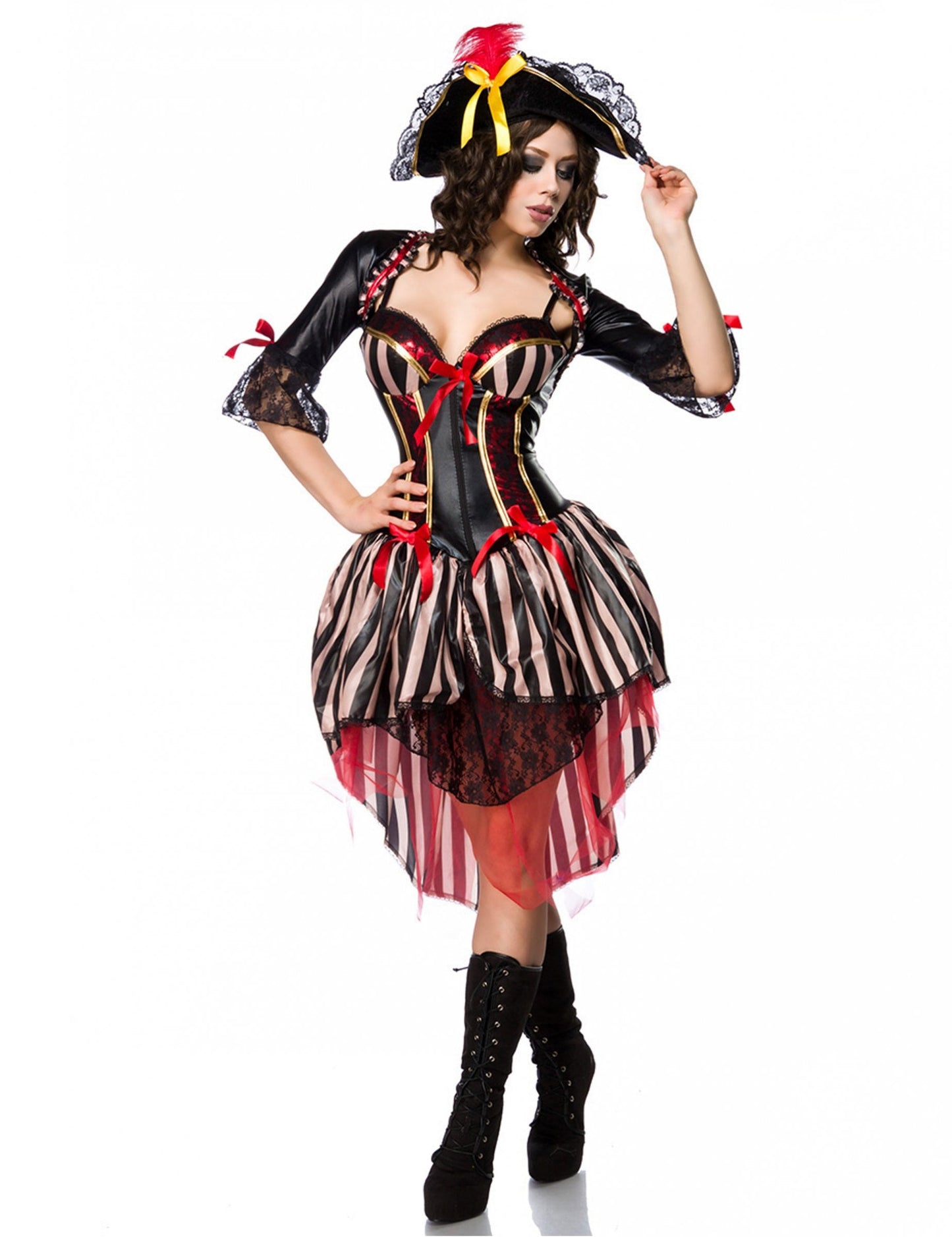 Déguisement pirate corset rouge sexy luxe pour femme rouge et noir avec dentelle et chapeau
