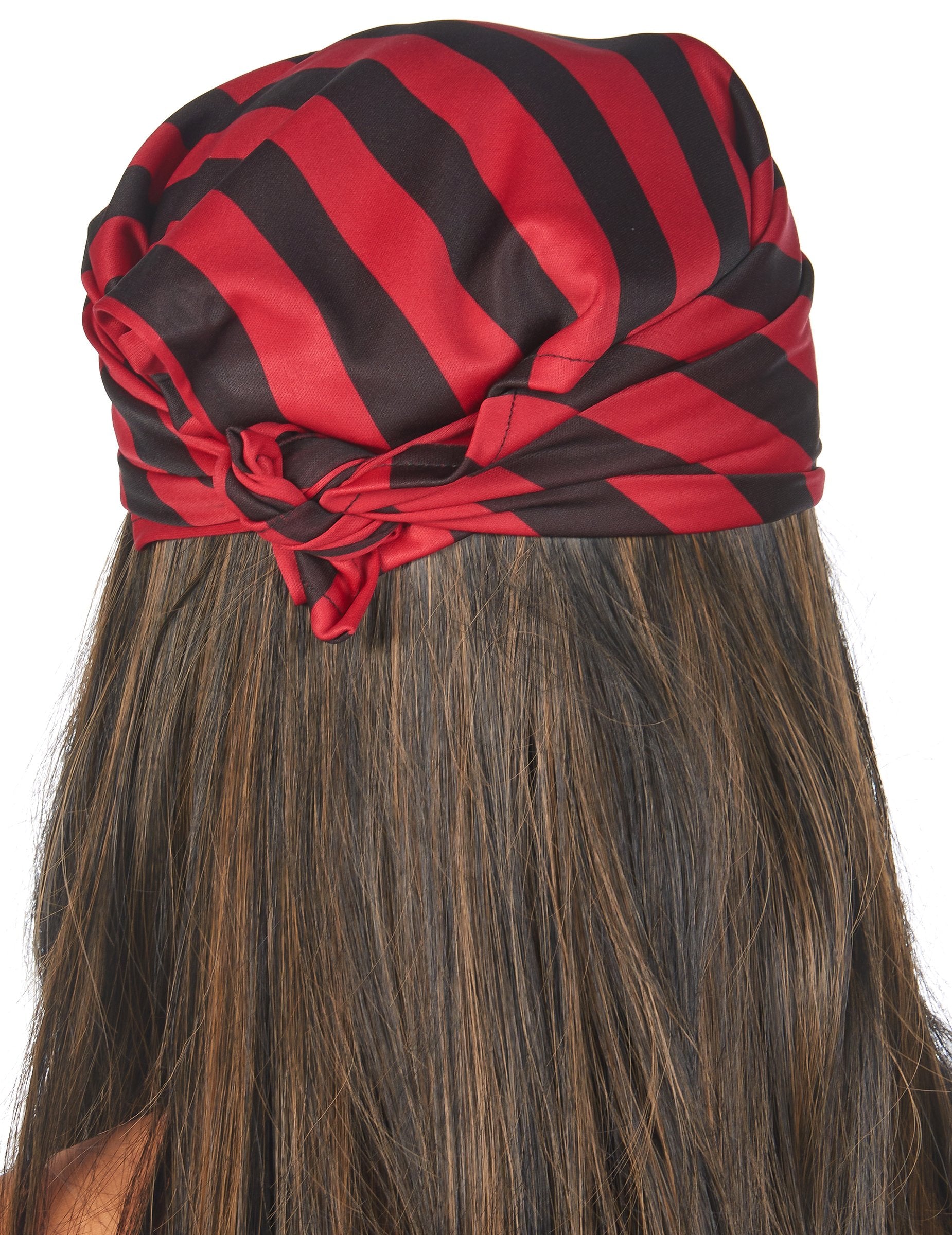 Pohľad zozadu na bandanu dámskeho pirátskeho kostýmu s čipkovanými detailmi