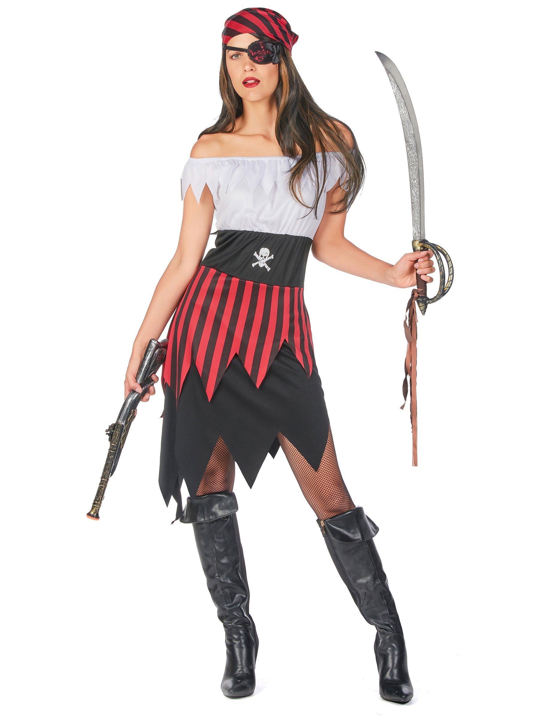 Dámsky pirátsky kostým s čipkovanými detailmi v červenej, čiernej a bielej farbe s bandanou