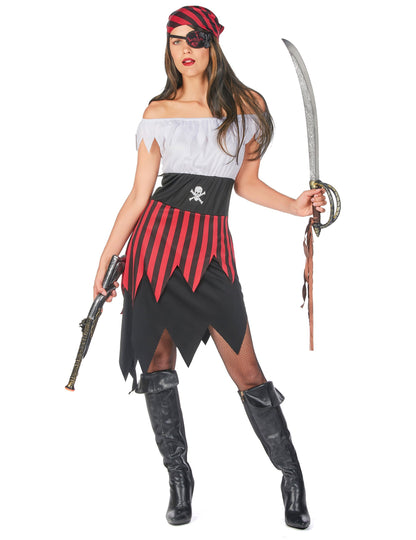 Dámsky pirátsky kostým s čipkovanými detailmi v červenej, čiernej a bielej farbe s bandanou