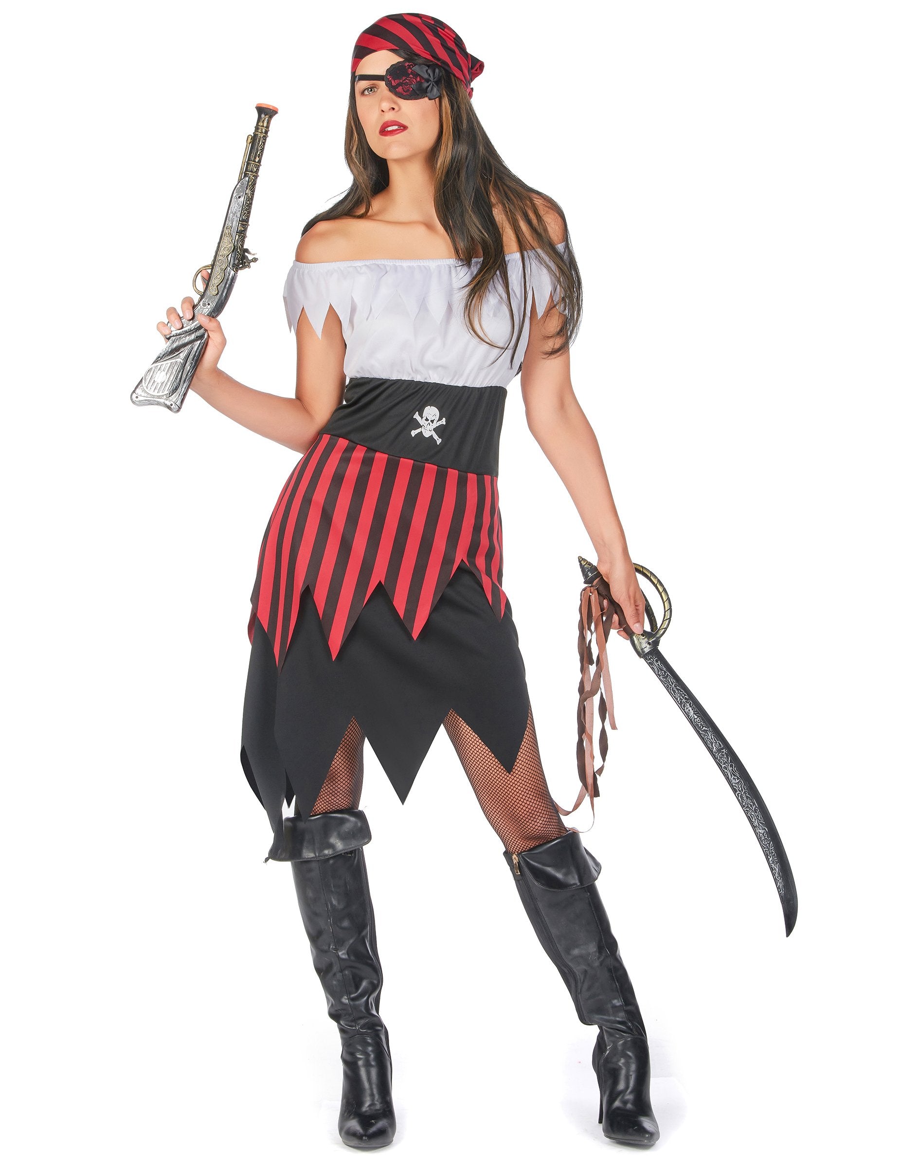 Predný pohľad na dámsky pirátsky kostým s čipkovanými detailmi