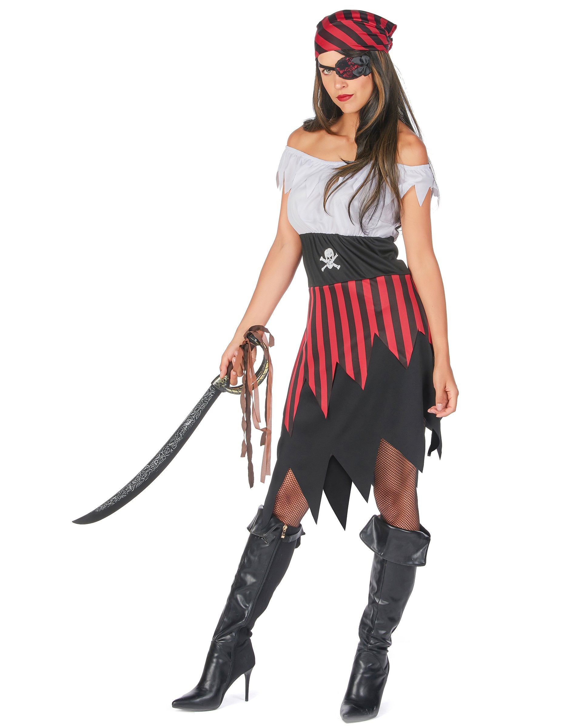 Celkový pohľad na dámsky pirátsky kostým s čipkovanými detailmi