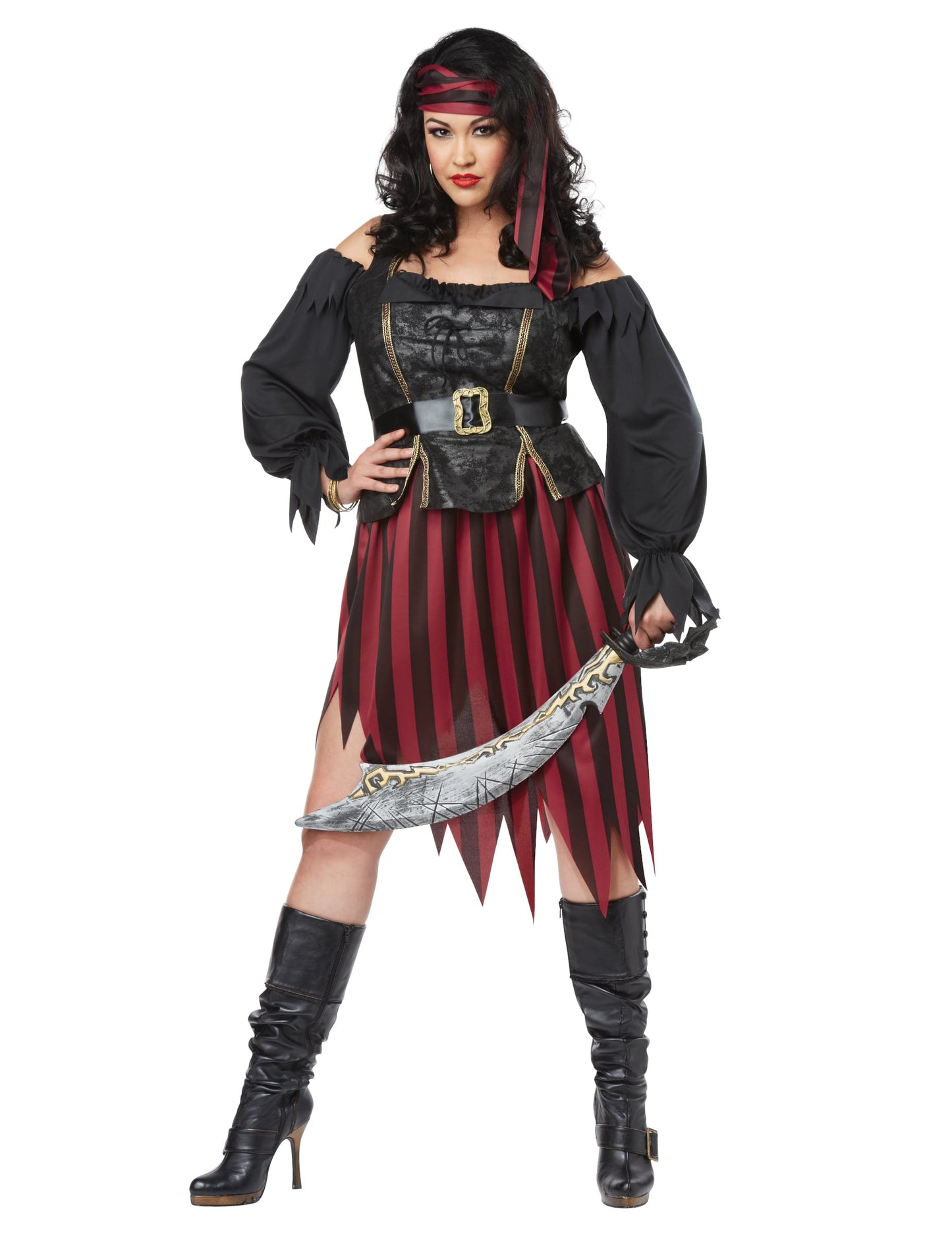 Déguisement de pirate luxe pour femme noir et bordeaux avec jupe rayée