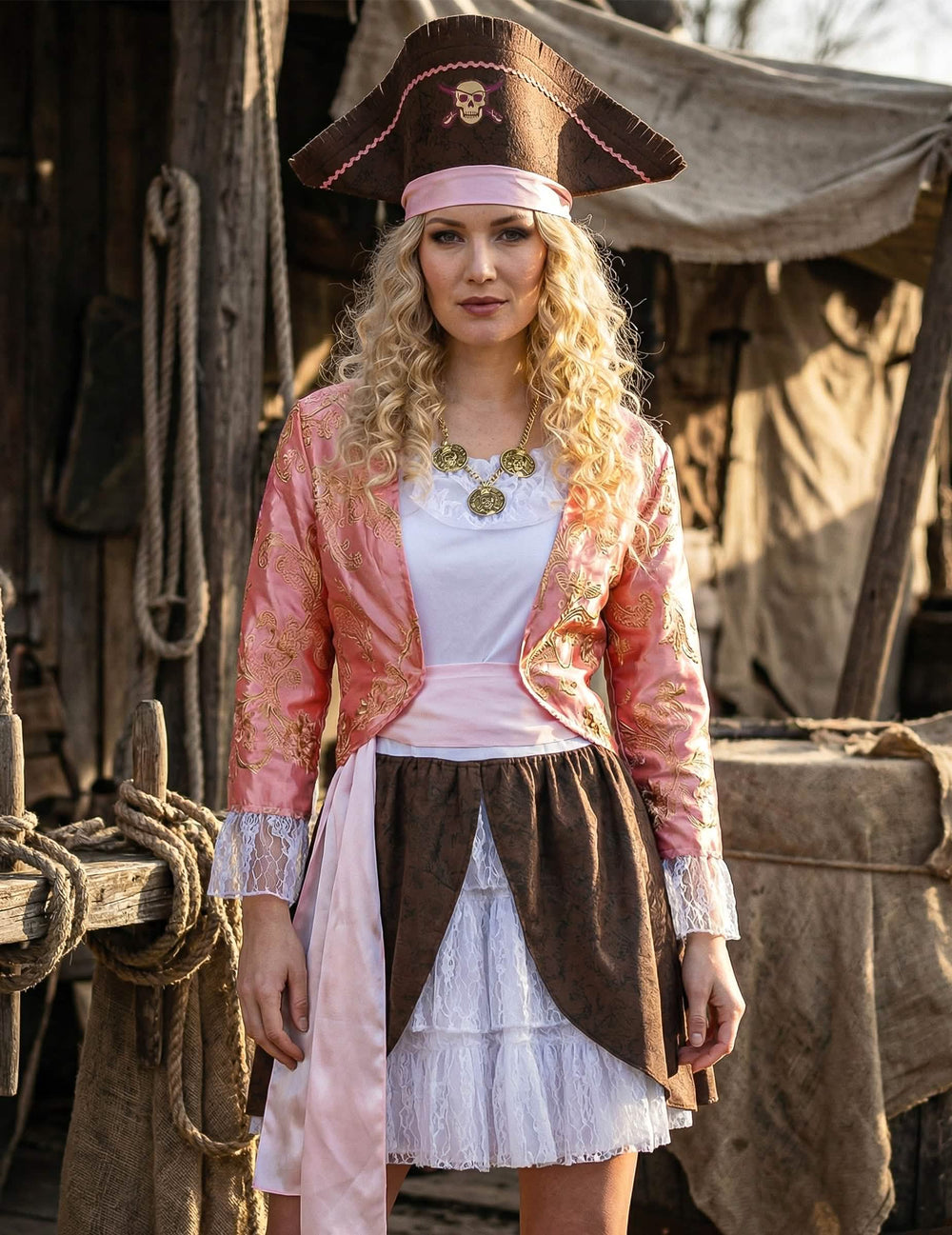 Detaily o veste a klobúku dámskeho pirátskeho kostýmu