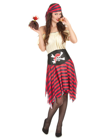 Déguisement pirate avec tête de mort pour femme rouge et noir à rayures