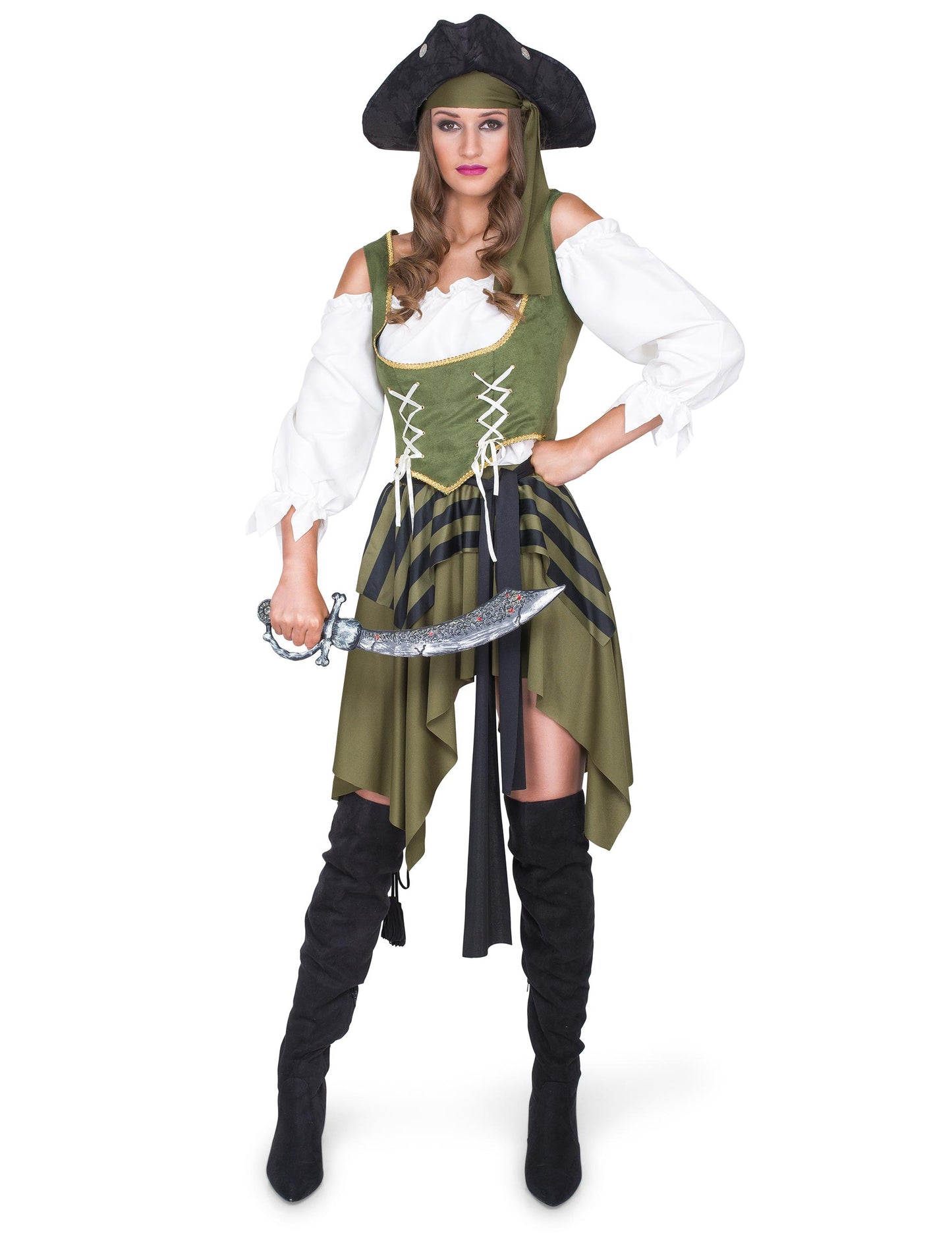 Déguisement de pirate flibustière pour femme vert et blanc avec chapeau et sabre
