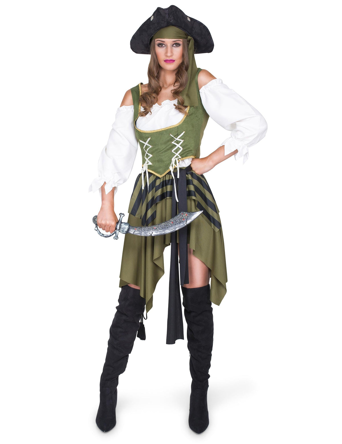 Déguisement de pirate flibustière pour femme vert et blanc avec chapeau et sabre