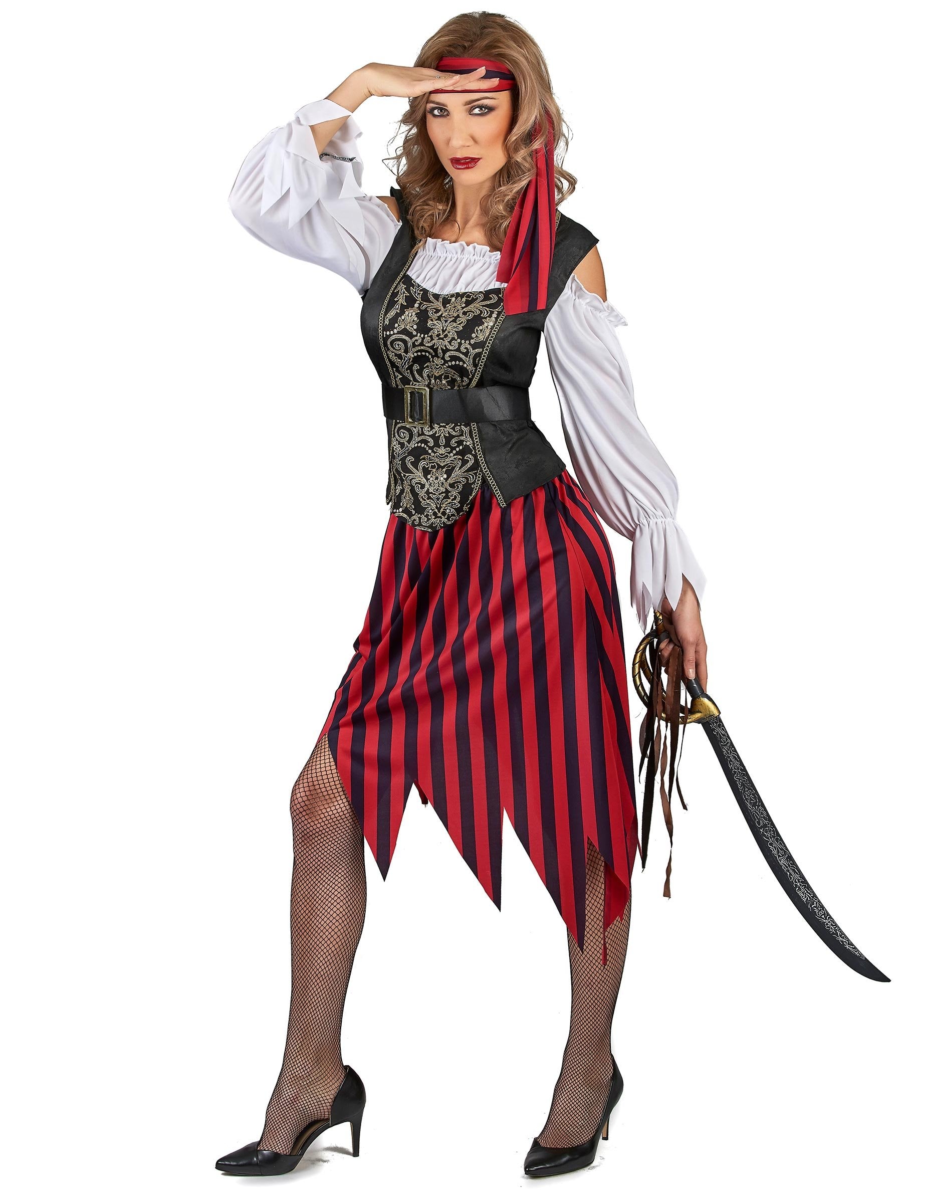 Vue de face avec sabre du déguisement pirate gipsy pour femme