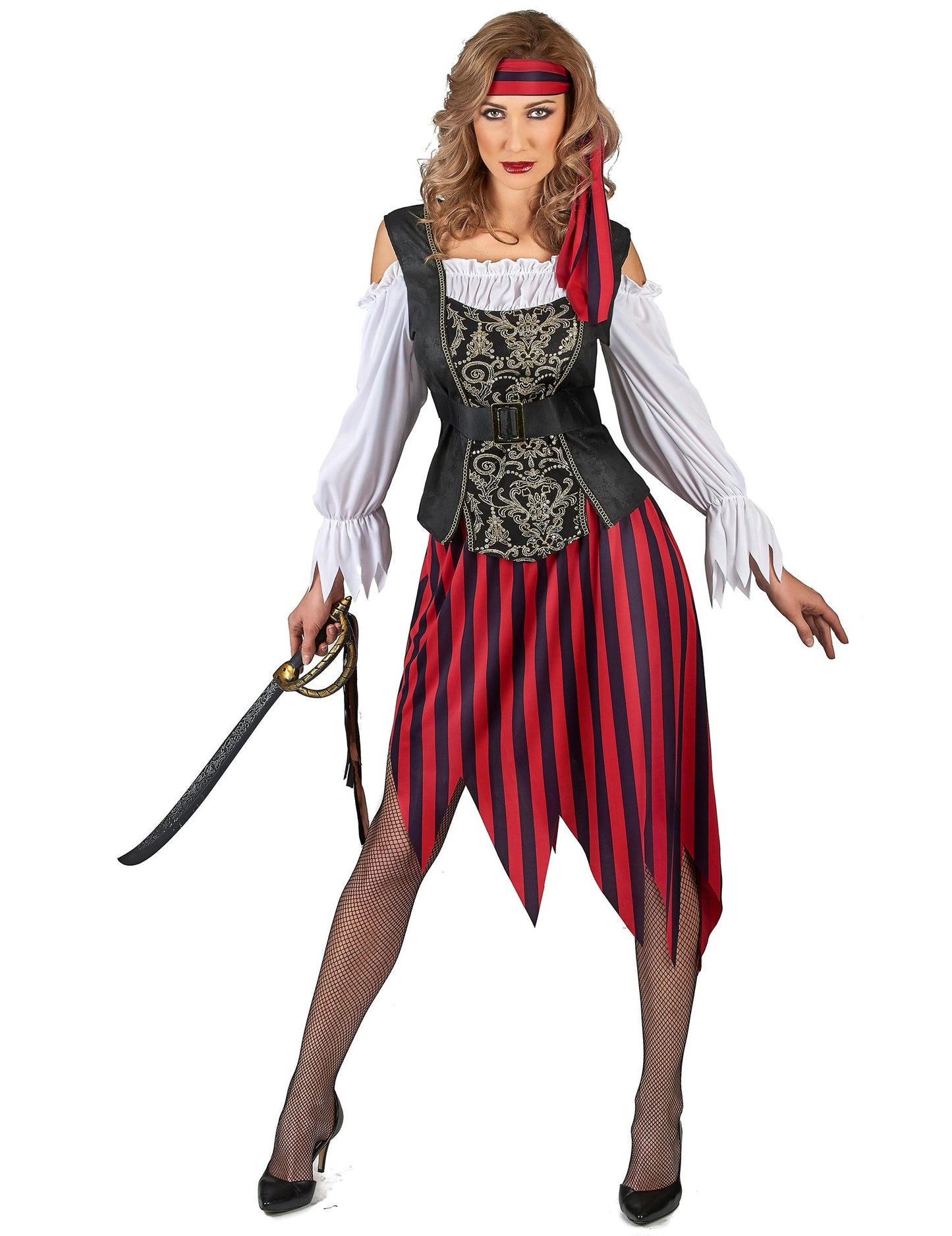 Déguisement pirate gipsy pour femme noir et rouge à rayures avec bandana