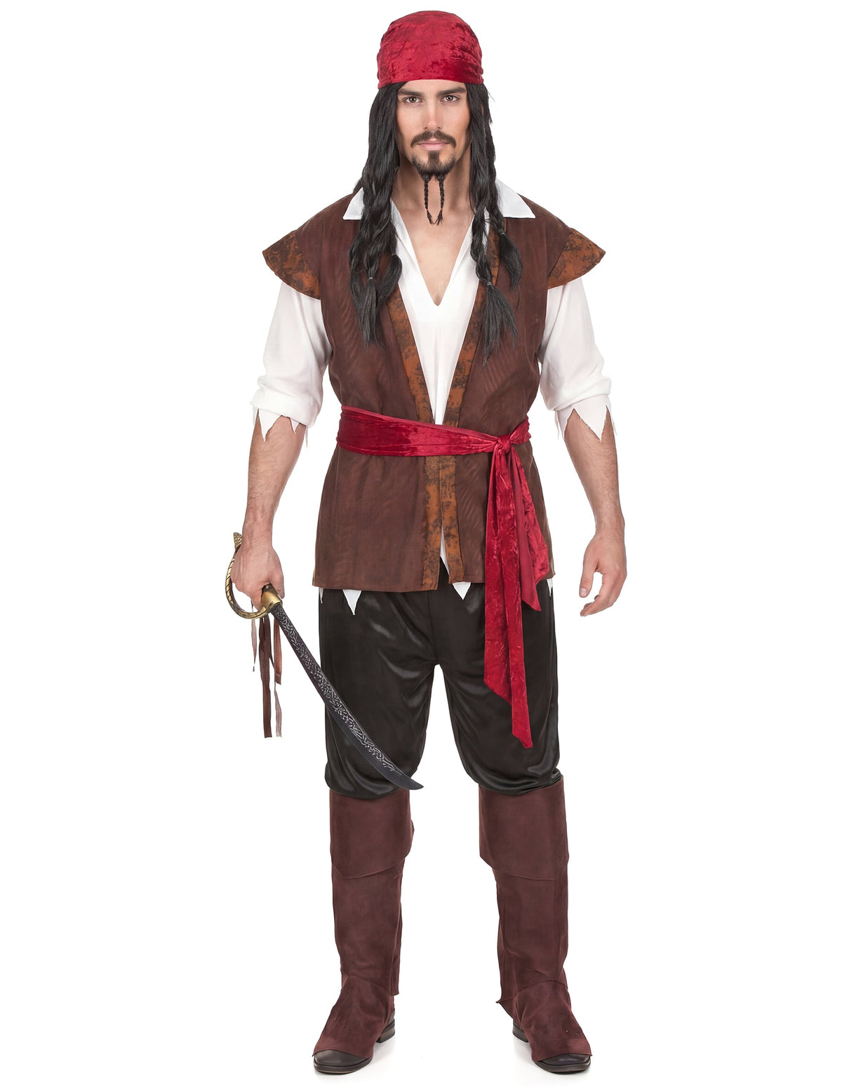 Vue de face avec sabre du déguisement de pirate pour homme