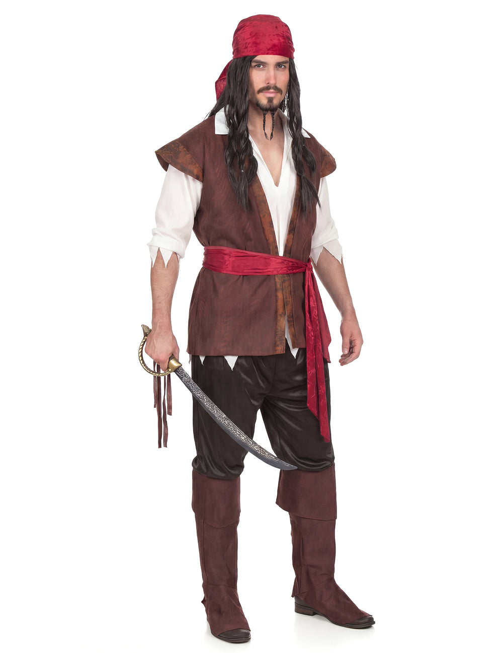 Déguisement de pirate pour homme marron et rouge avec bandana