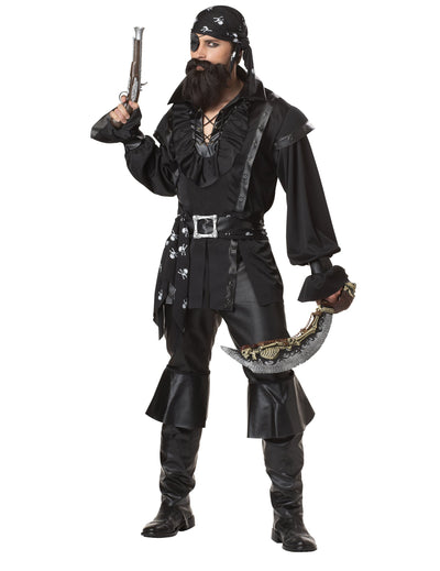 Déguisement de pirate pour homme noir avec chemise à jabot et bandana à têtes de mort