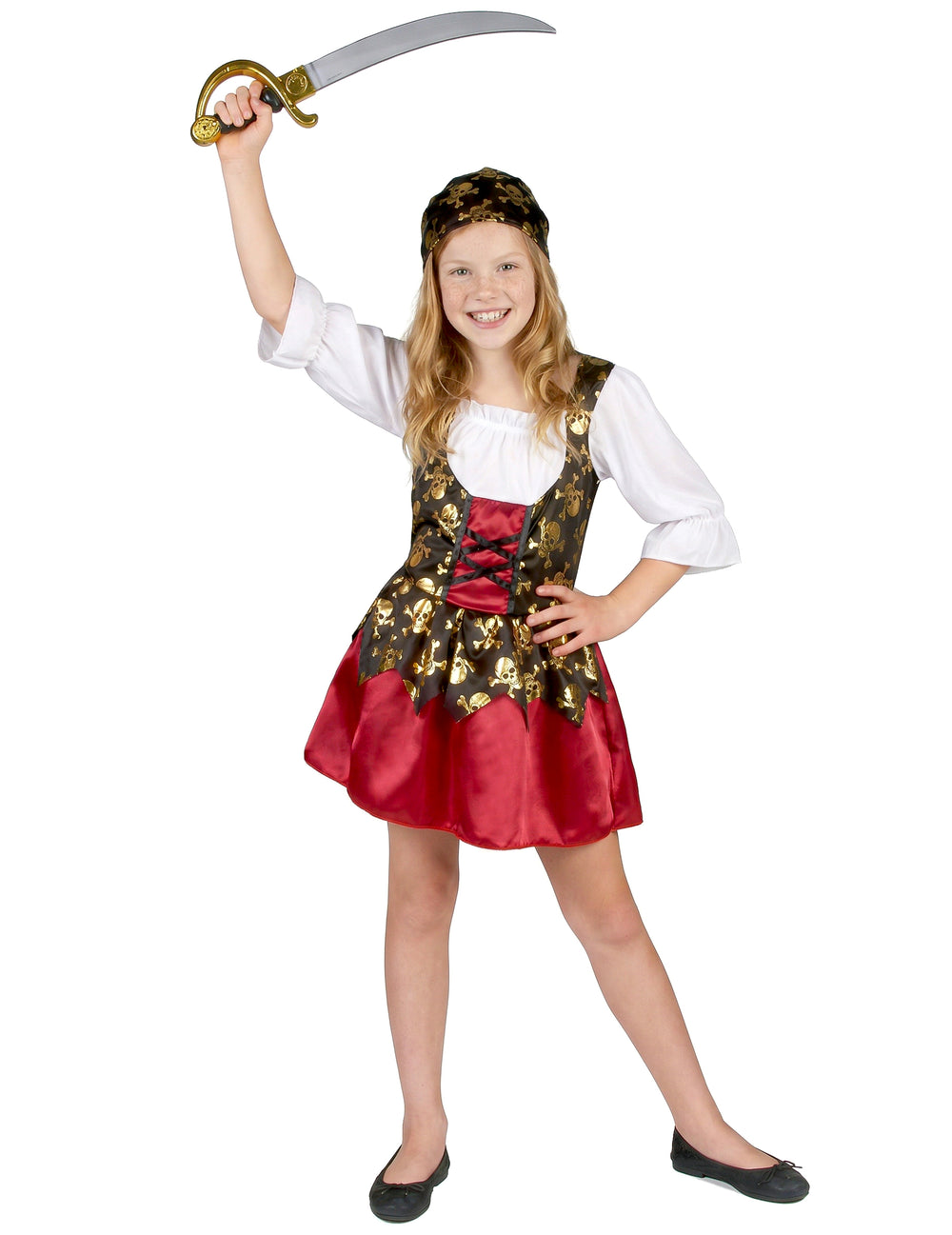 Déguisement de pirate aux motifs dorés pour fille rouge et noir avec bandana