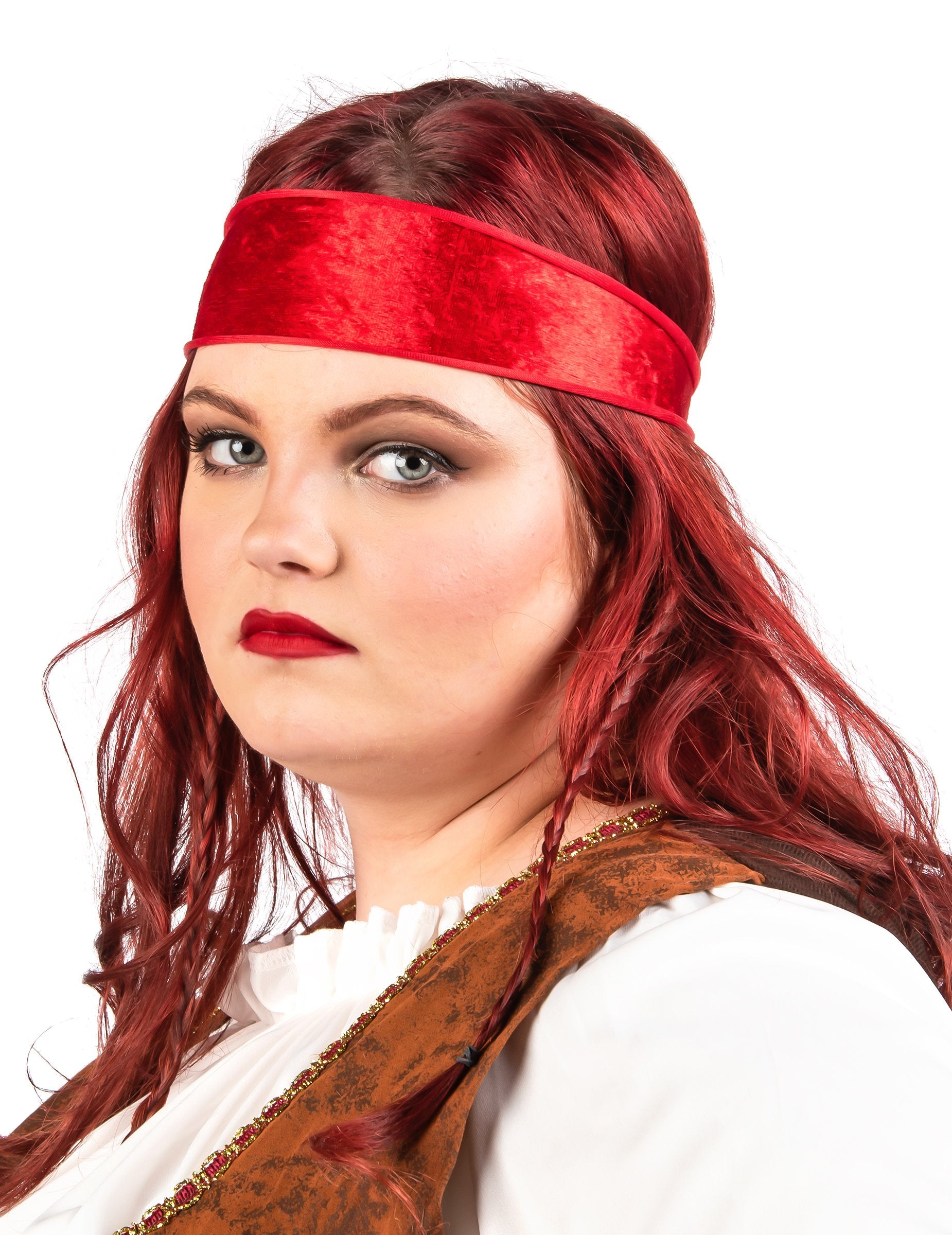 Détail du bandeau rouge du déguisement de pirate pour femme