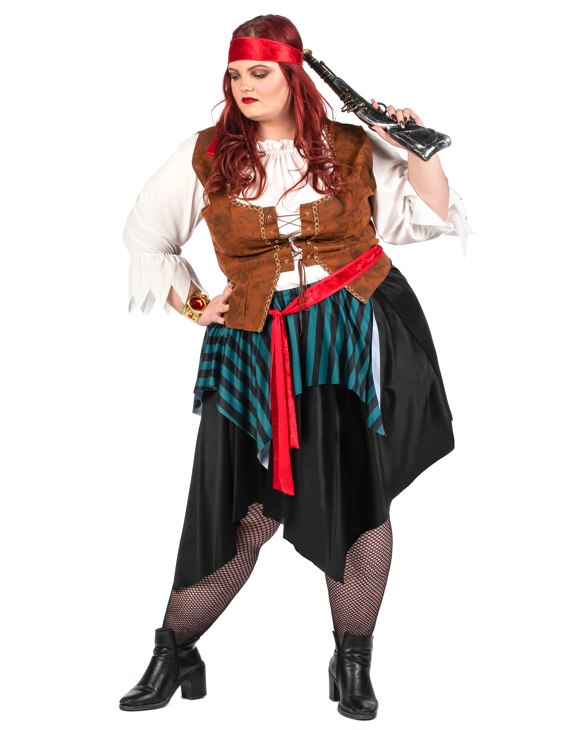 Déguisement de pirate pour femme rayé bleu et noir avec gilet marron et bandeau rouge