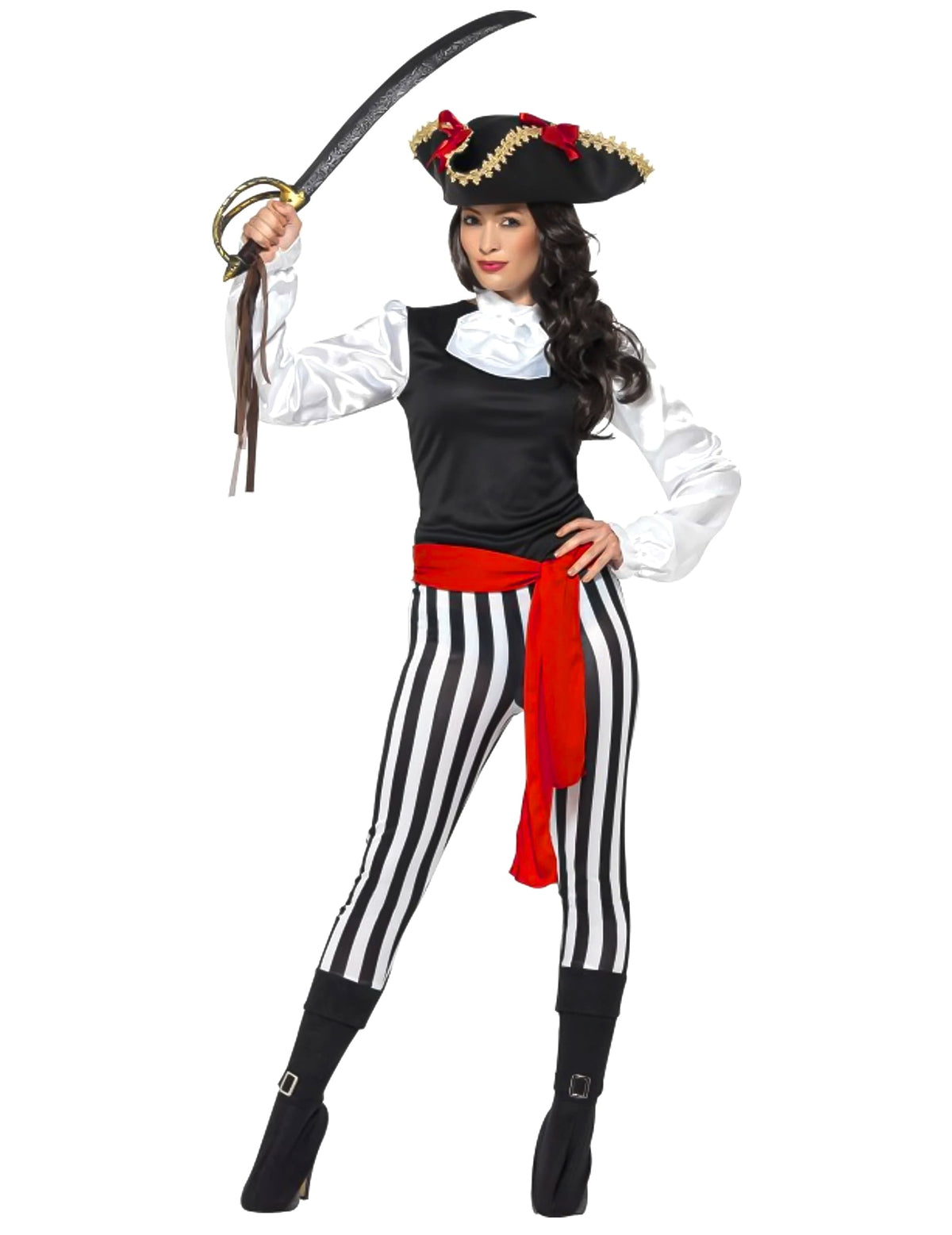 Déguisement de pirate rayée pour femme noir et blanc avec ceinture rouge et chapeau