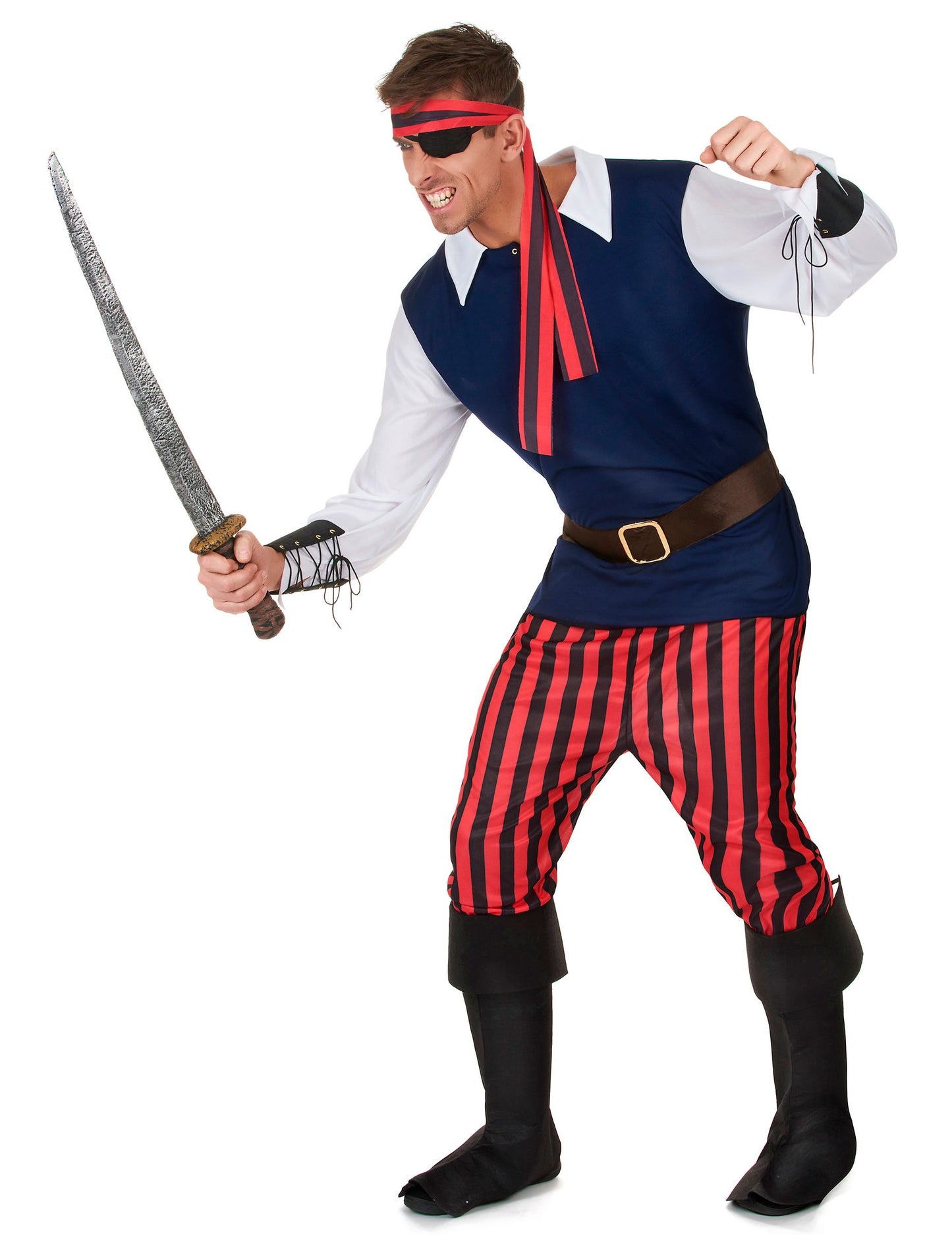 Pose d'action avec sabre du déguisement de pirate pour homme