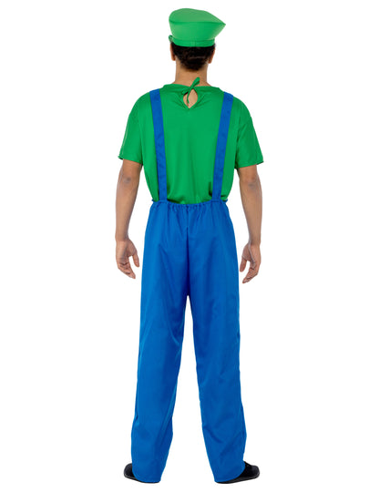 Vue de dos du déguisement de plombier vert pour homme